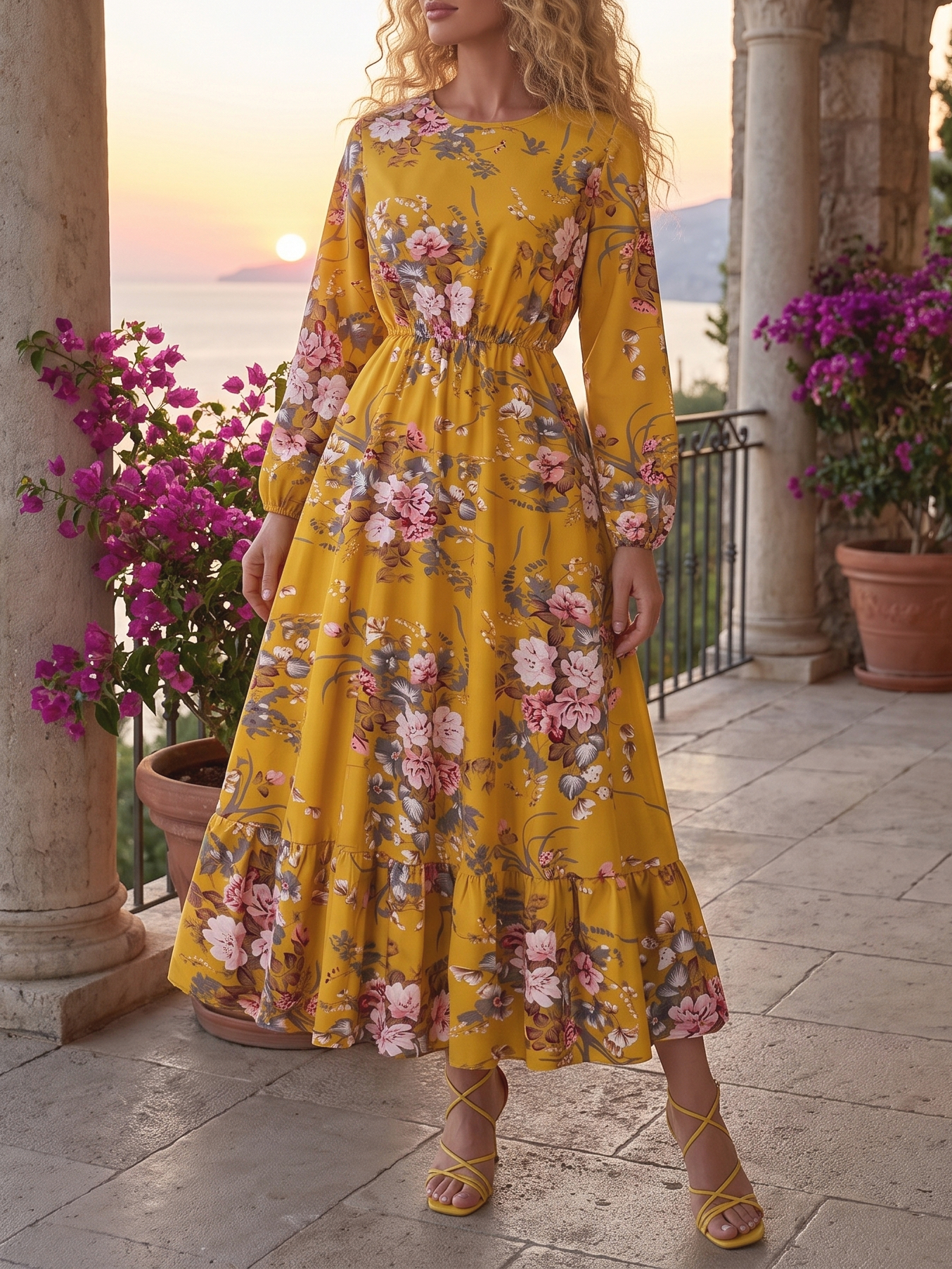 8015 Rochie Midi Branka Galbena cu Print Floral - imagine 1