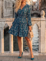 Rochie Scurta Federica Turcoaz cu Imprimeu Floral Alb - imagine 3