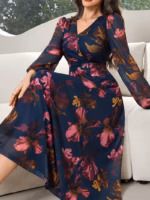 Rochie Lunga Lizzie Bleumarin cu Print Floral