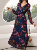 Rochie Lunga Lizzie Bleumarin cu Print Floral - imagine 3