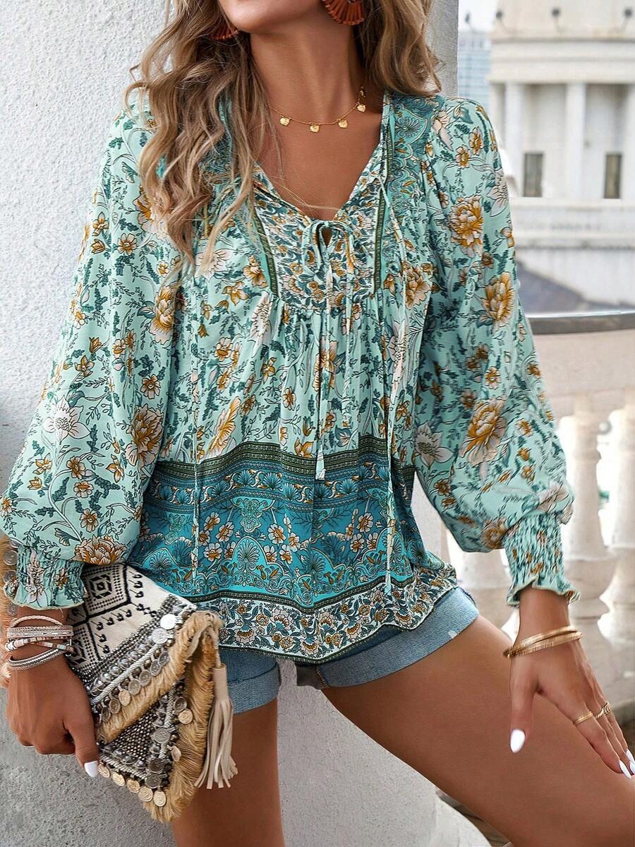8039 Bluza Dama Heraza Turcoaz cu Print Floral - imagine 1