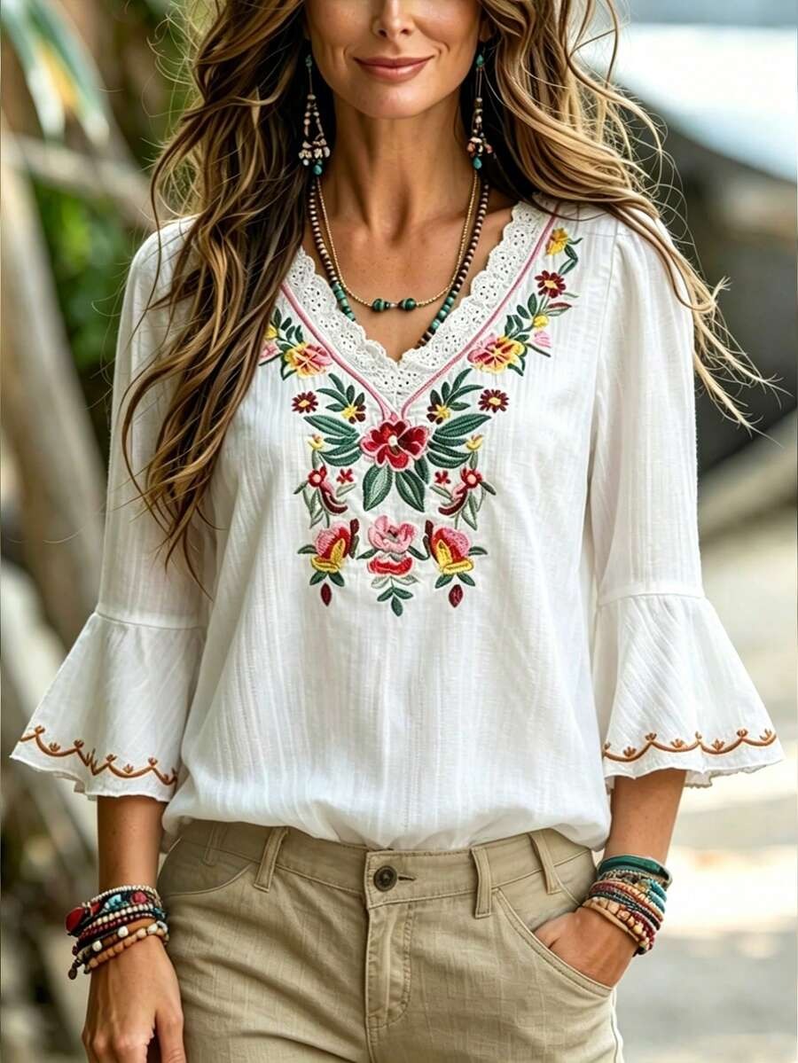 8041 Bluza Dama Samera Alba cu Broderie - imagine 1