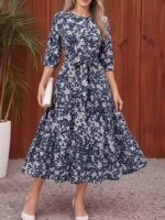 Rochie Midi Mandia Bleumarin cu Print Floral Bej