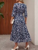 Rochie Midi Mandia Bleumarin cu Print Floral Bej - imagine 2