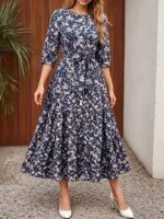 Rochie Midi Mandia Bleumarin cu Print Floral Bej - imagine 4