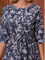 Rochie Midi Mandia Bleumarin cu Print Floral Bej - imagine 3