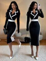 Rochie Midi Analinda Neagra cu Dungi Albe