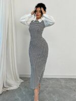 Rochie Lunga Selinda Alb Negru cu Maneci Albe - imagine 5