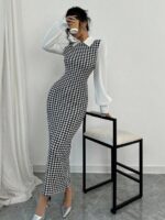 Rochie Lunga Selinda Alb Negru cu Maneci Albe - imagine 4
