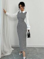 Rochie Lunga Selinda Alb Negru cu Maneci Albe - imagine 3