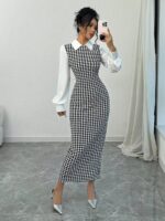 Rochie Lunga Selinda Alb Negru cu Maneci Albe