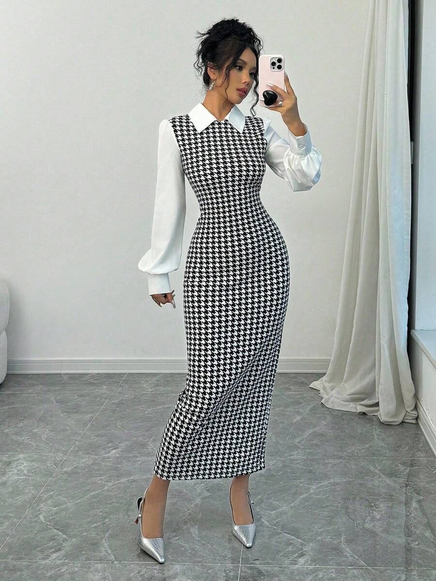 8119 Rochie Lunga Selinda Alb Negru cu Maneci Albe - imagine 1