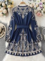 Rochie Scurta Felisa Bleumarin cu Model Geometric Bej - imagine 2