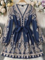 Rochie Scurta Felisa Bleumarin cu Model Geometric Bej - imagine 4