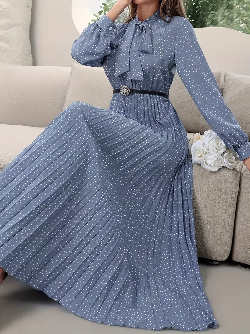 8124 Rochie Lunga Farina Bleu cu Buline Albe - imagine 1