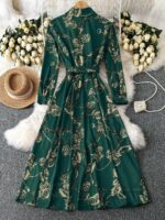 Rochie Lunga Dalima Verde cu Print Geometric Auriu - imagine 2