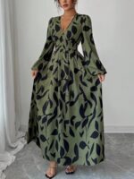Rochie Lunga Martha Khaki cu Print Frunze Negre - imagine 6