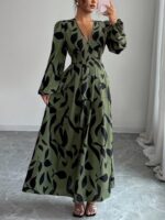 Rochie Lunga Martha Khaki cu Print Frunze Negre
