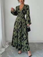 Rochie Lunga Martha Khaki cu Print Frunze Negre - imagine 5