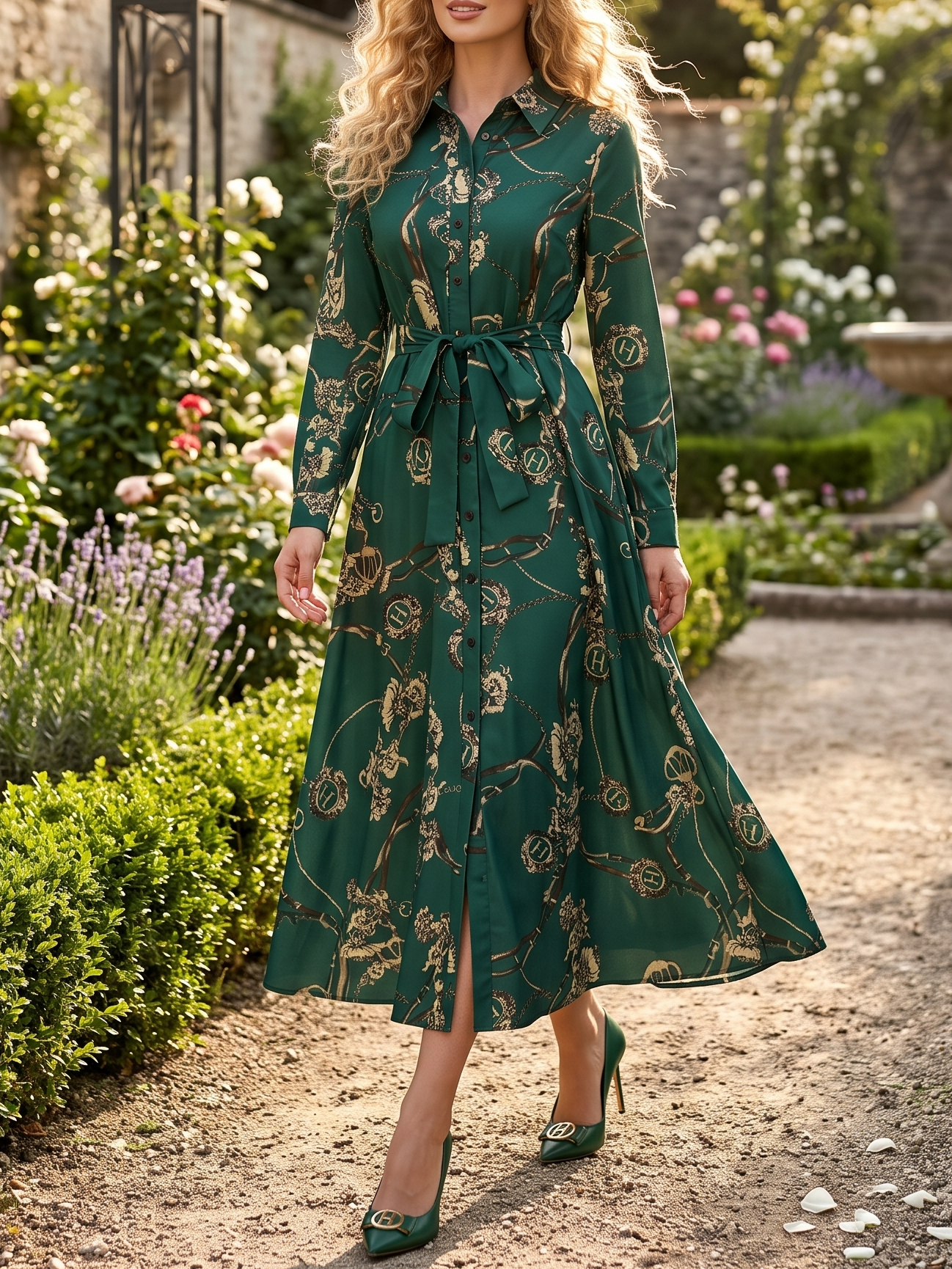 8148 Rochie Lunga Dalima Verde cu Print Geometric Auriu - imagine 1