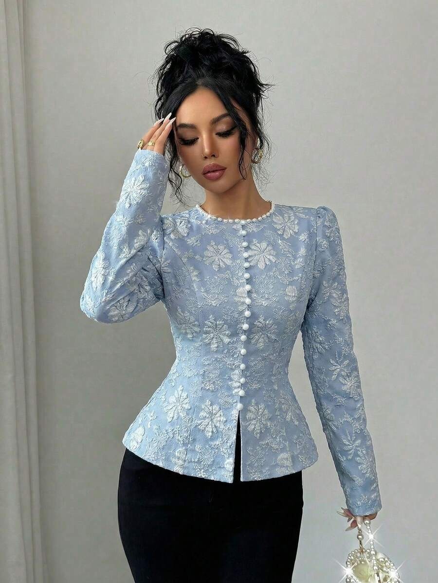 8188 Tunica Dama Antonia Bleu cu Flori in Relief - imagine 1