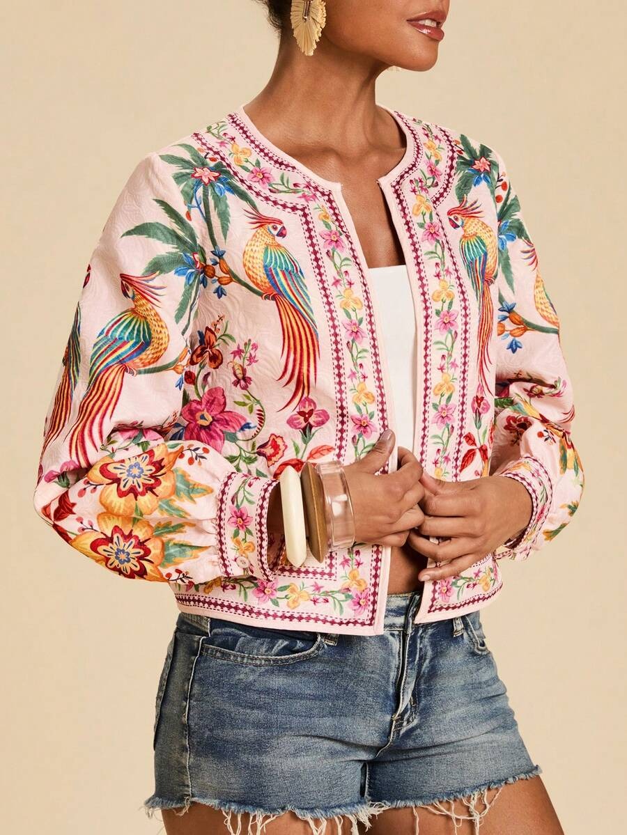 8189 Jacheta Dama Marithe Roz cu Print Tropical - imagine 1