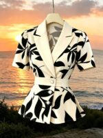 Jacheta Dama Madita Bej cu Print Tropical Negru - imagine 4