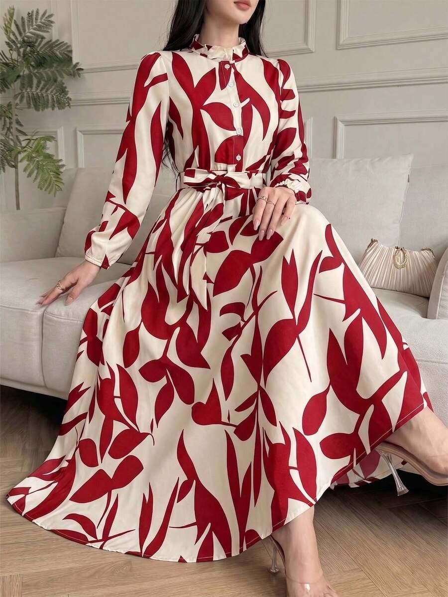 8234 Rochie Lunga Gretha Bej cu Print Frunze Rosii - imagine 1