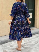 Rochie Midi Dalita Bleumarin cu Print Floral - Marimi Mari - imagine 2