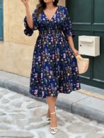Rochie Midi Dalita Bleumarin cu Print Floral - Marimi Mari - imagine 5