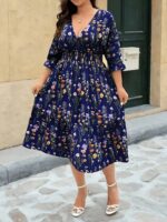 Rochie Midi Dalita Bleumarin cu Print Floral - Marimi Mari