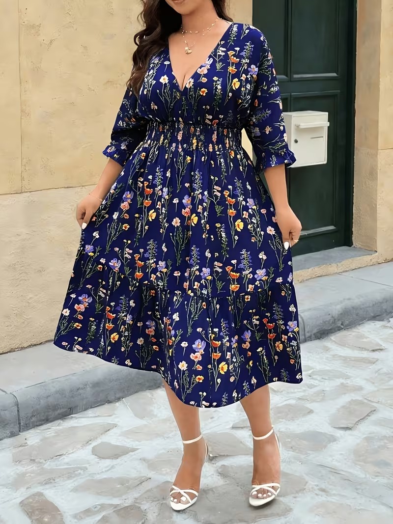 9107 Rochie Midi Dalita Bleumarin cu Print Floral - Marimi Mari - imagine 1