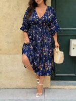Rochie Midi Dalita Bleumarin cu Print Floral - Marimi Mari - imagine 4