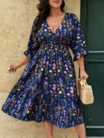 Rochie Midi Dalita Bleumarin cu Print Floral - Marimi Mari - imagine 3