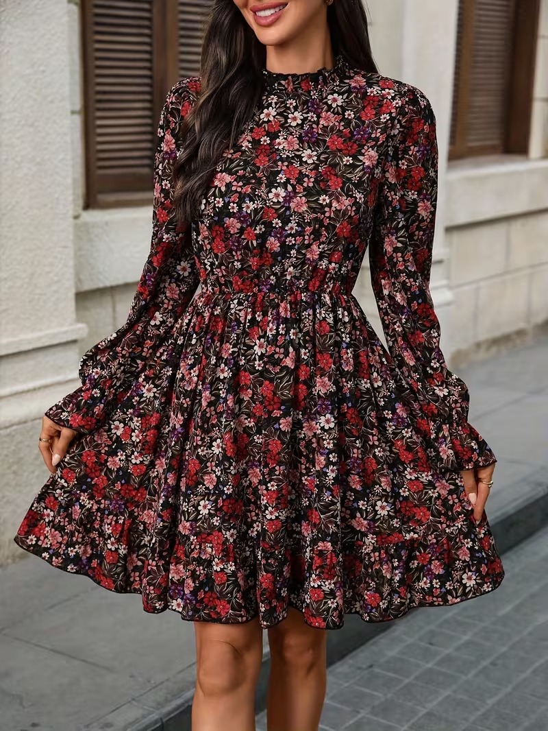 9113 Rochie Scurta Emaline Neagra cu Print Floral Rosu - imagine 1