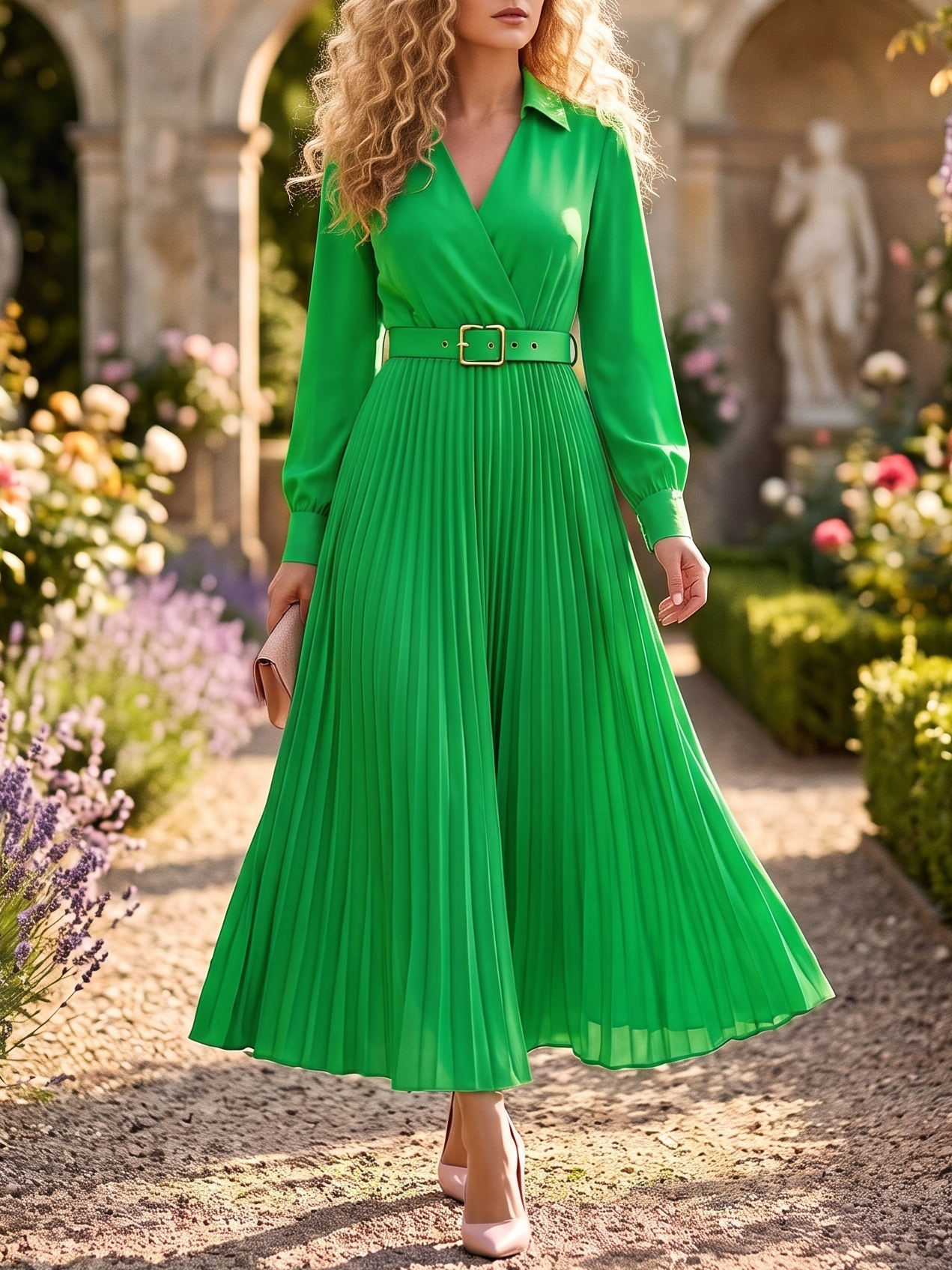 9127 Rochie Lunga Astoria Verde Plisata - imagine 1