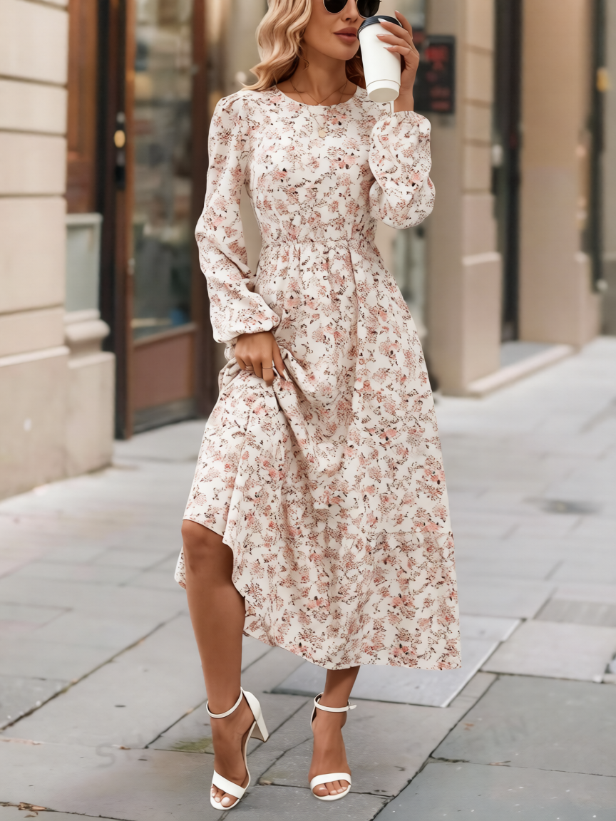 9307 Rochie Lunga Gretha Bej cu Print Floral Roz - imagine 1