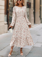 Rochie Lunga Gretha Bej cu Print Floral Roz - imagine 3