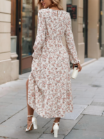 Rochie Lunga Gretha Bej cu Print Floral Roz - imagine 2