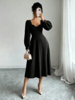 Rochie Midi Petina Neagra cu Maneci Bufante - imagine 3