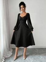 Rochie Midi Petina Neagra cu Maneci Bufante