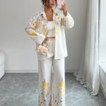 Compleu Jalma Bej cu Print Floral format din Top si Pantalon - imagine 6