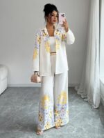 Compleu Jalma Bej cu Print Floral format din Top si Pantalon