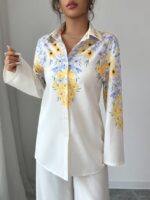 Compleu Jalma Bej cu Print Floral format din Top si Pantalon - imagine 3