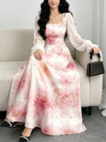 Rochie Lunga Noora Bej cu Print Floral Roz - imagine 4
