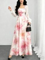 Rochie Lunga Noora Bej cu Print Floral Roz - imagine 3