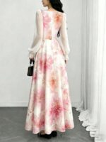 Rochie Lunga Noora Bej cu Print Floral Roz - imagine 2