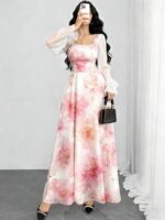 Rochie Lunga Noora Bej cu Print Floral Roz