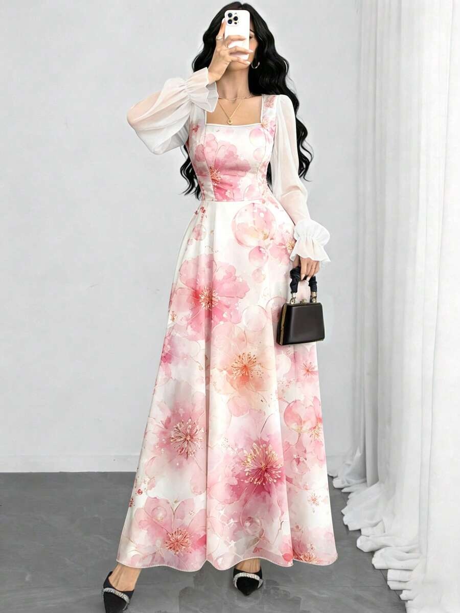 9506 Rochie Lunga Noora Bej cu Print Floral Roz - imagine 1