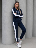 Trening format din bluza cu fermoar si pantalon Estela Bleumarin cu Dunga Alba